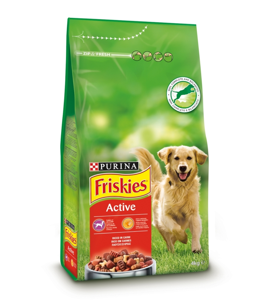 Crocchette per cani purina friskies "active" adulto di tutte le taglie con manzo 4 kg