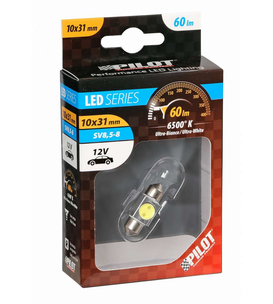 LAMPADA 12V HYPER-LED 2 - 1 SMD X 2 CHIPS - 10X31 MM - SV8,5-8 - 1 PZ BIANCO  58447