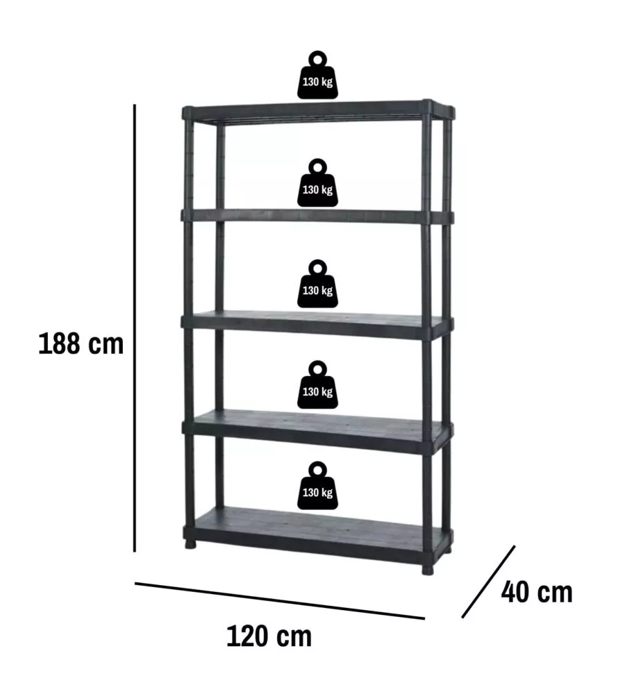 Scaffale 5 ripiani in polipropilene 'titano' nero 120x40x188 cm