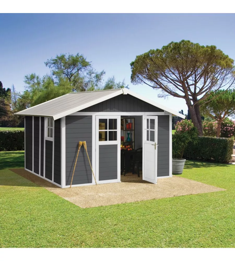 Casetta da giardino in pvc grosfillex "deco 11" grigio scuro e bianco 370x407x250 cm - cod. 23011276