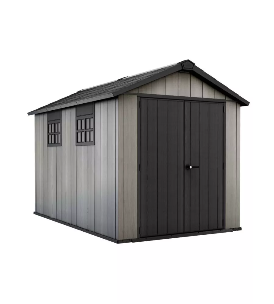 Casetta da giardino keter "oakland 7511" in duotech colore grigio con porta battente doppia 230x350x242 cm