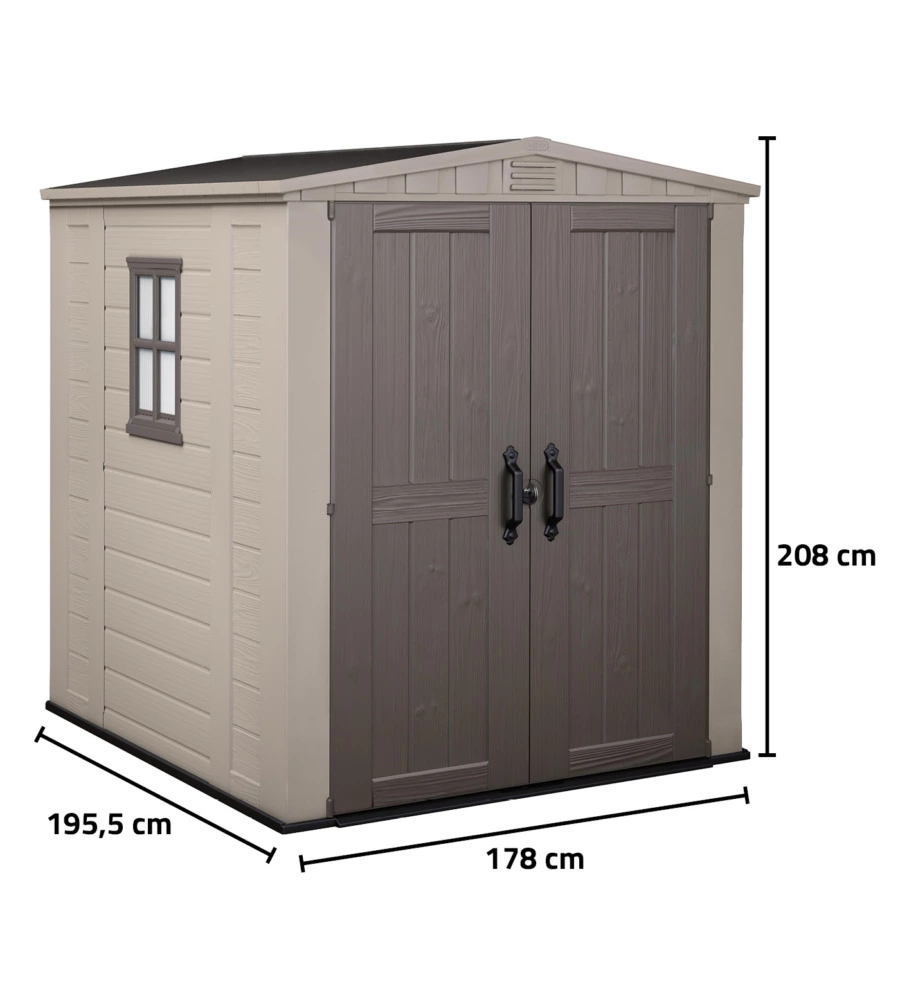 Casetta da giardino keter 'factor 6x6' in resina colore beige con porta battente doppia 178x195,5x208 cm