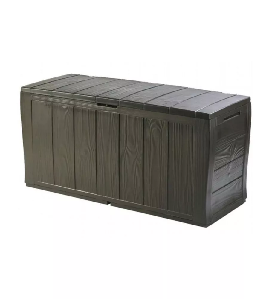 Baule da esterno keter "sherwood" in resina marrone effetto legno 270 lt 117x45x58 cm