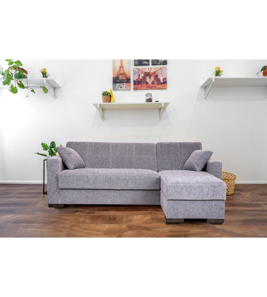 Divano letto "merlin" in tessuto grigio con cassettone e penisola reversibile, 225x150x81 cm