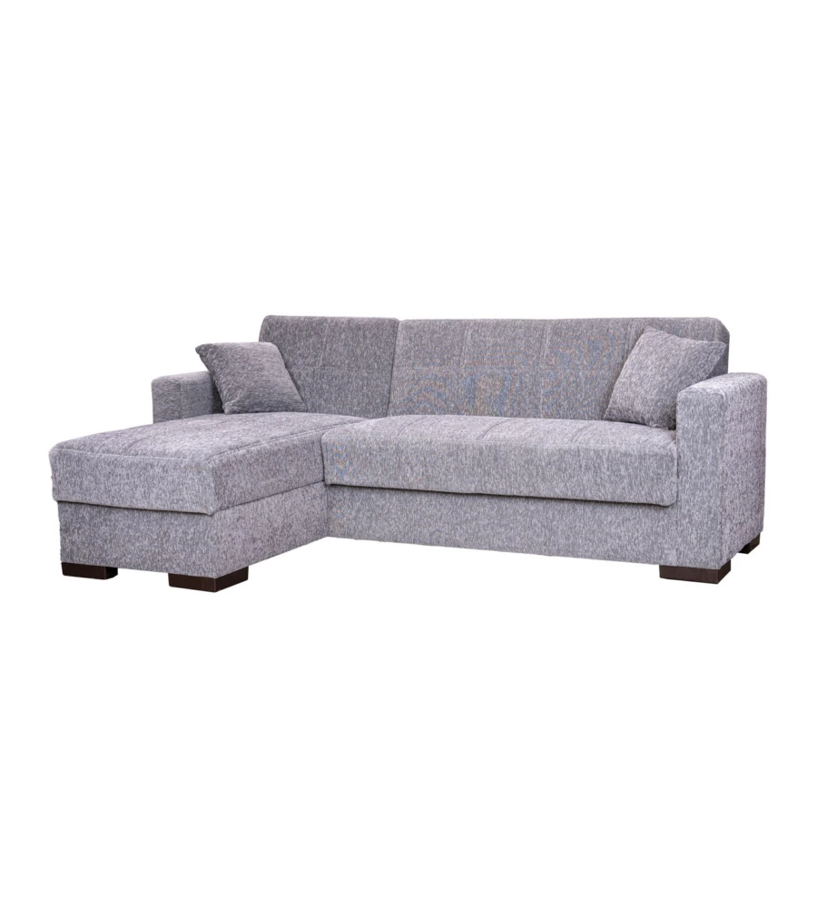 Divano letto "merlin" in tessuto grigio con cassettone e penisola reversibile, 225x150x81 cm