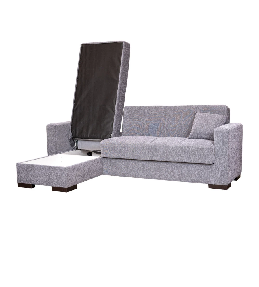 Divano letto "merlin" in tessuto grigio con cassettone e penisola reversibile, 225x150x81 cm