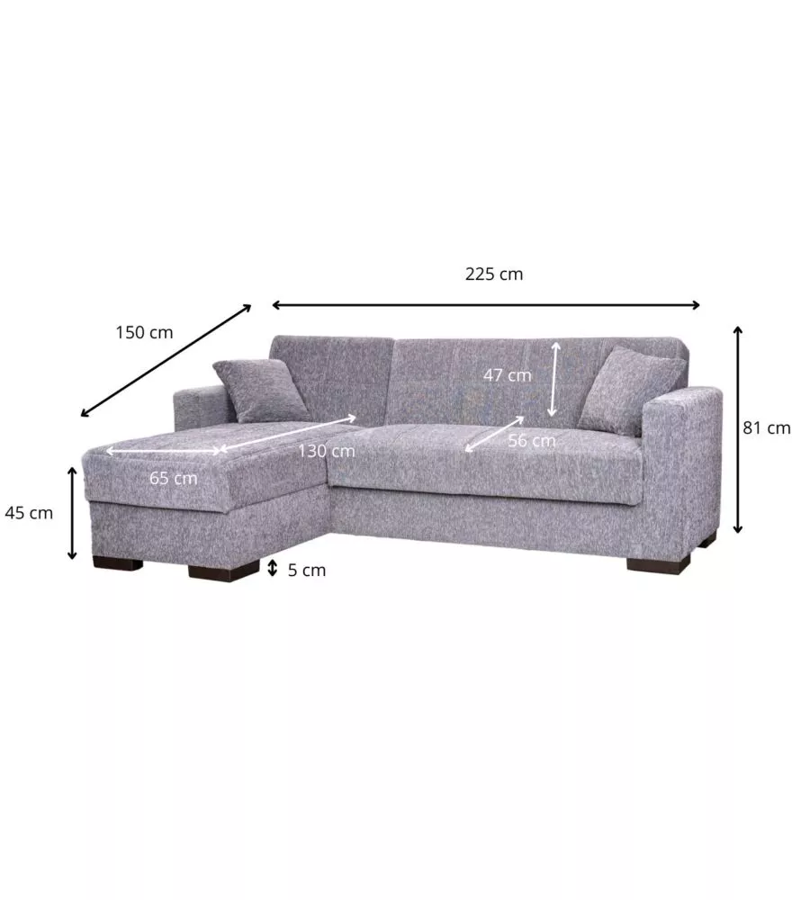 Divano letto 'merlin' in tessuto grigio con cassettone e penisola reversibile, 225x150x81 cm