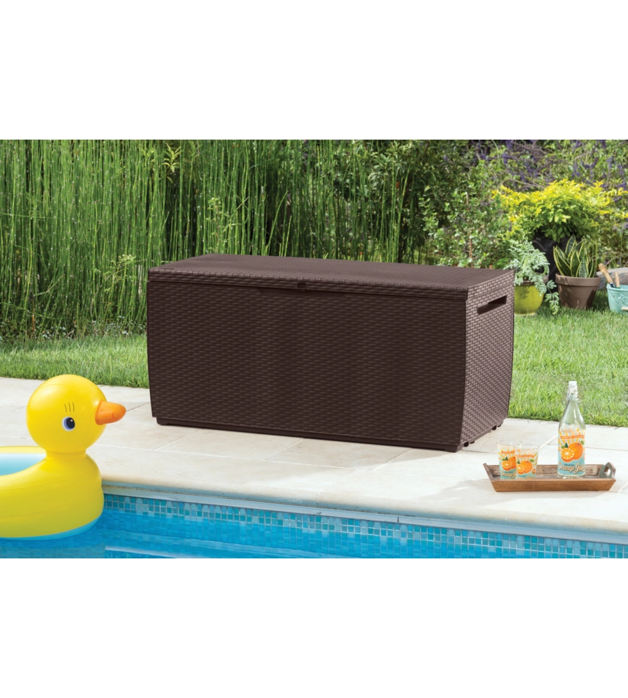 Baule da esterno con ruote keter "capri" in resina marrone effetto rattan 305 lt 123x53,5x57 cm