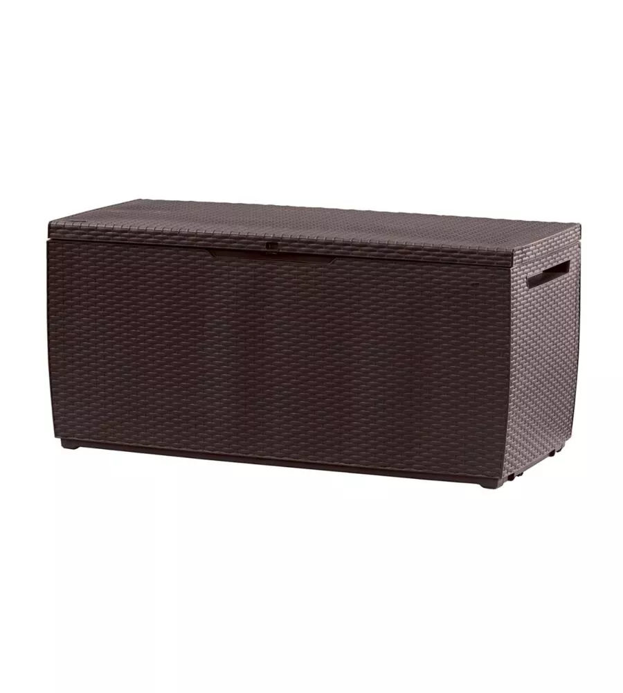 Baule da esterno con ruote keter "capri" in resina marrone effetto rattan 305 lt 123x53,5x57 cm