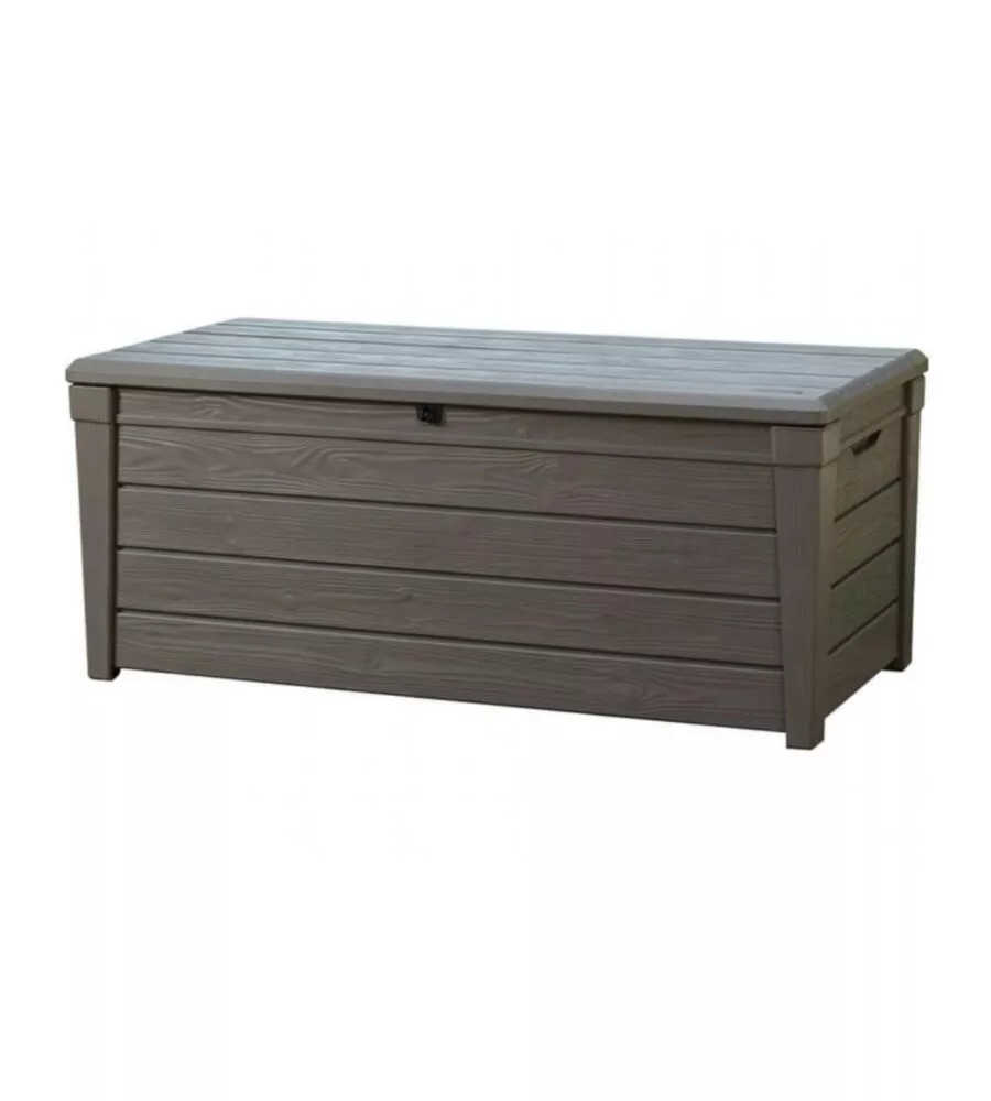 Baule da esterno keter "brightwood" in resina marrone effetto legno 454 lt 145x69,7x60,3 cm