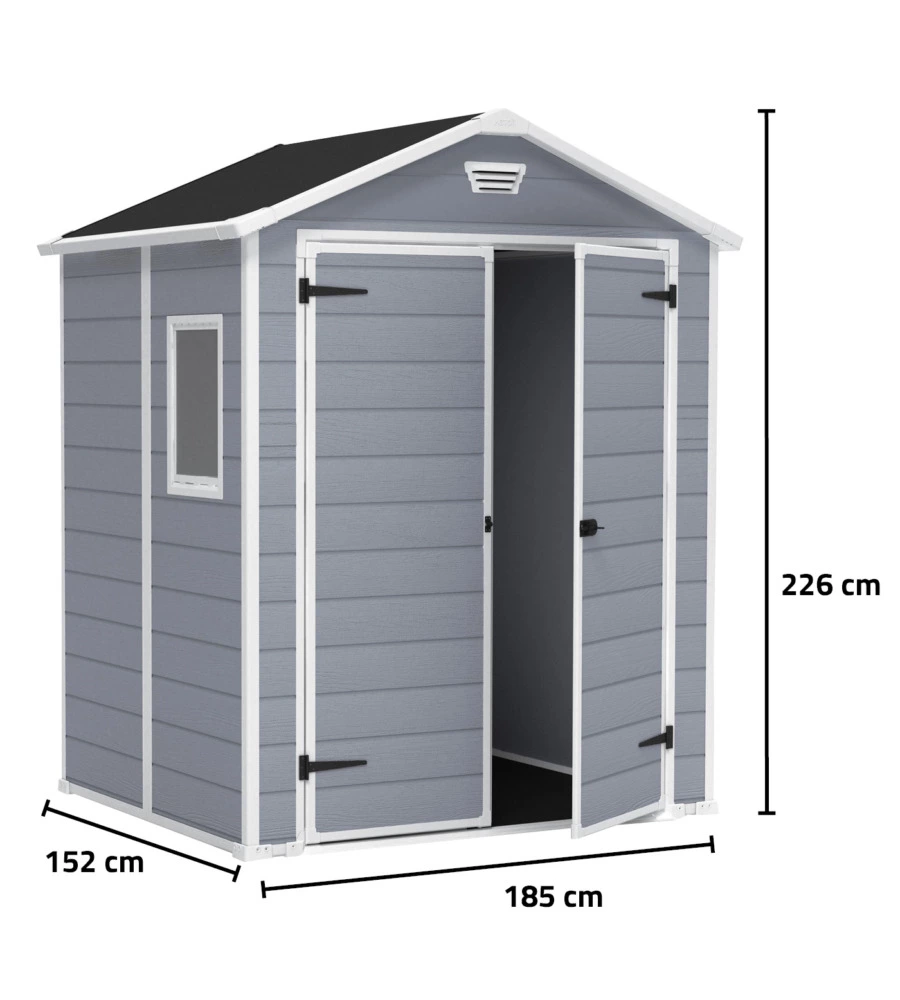 Casetta da giardino keter 'manor 6x5' in resina colore grigio con porta battente doppia 185x152x226 cm