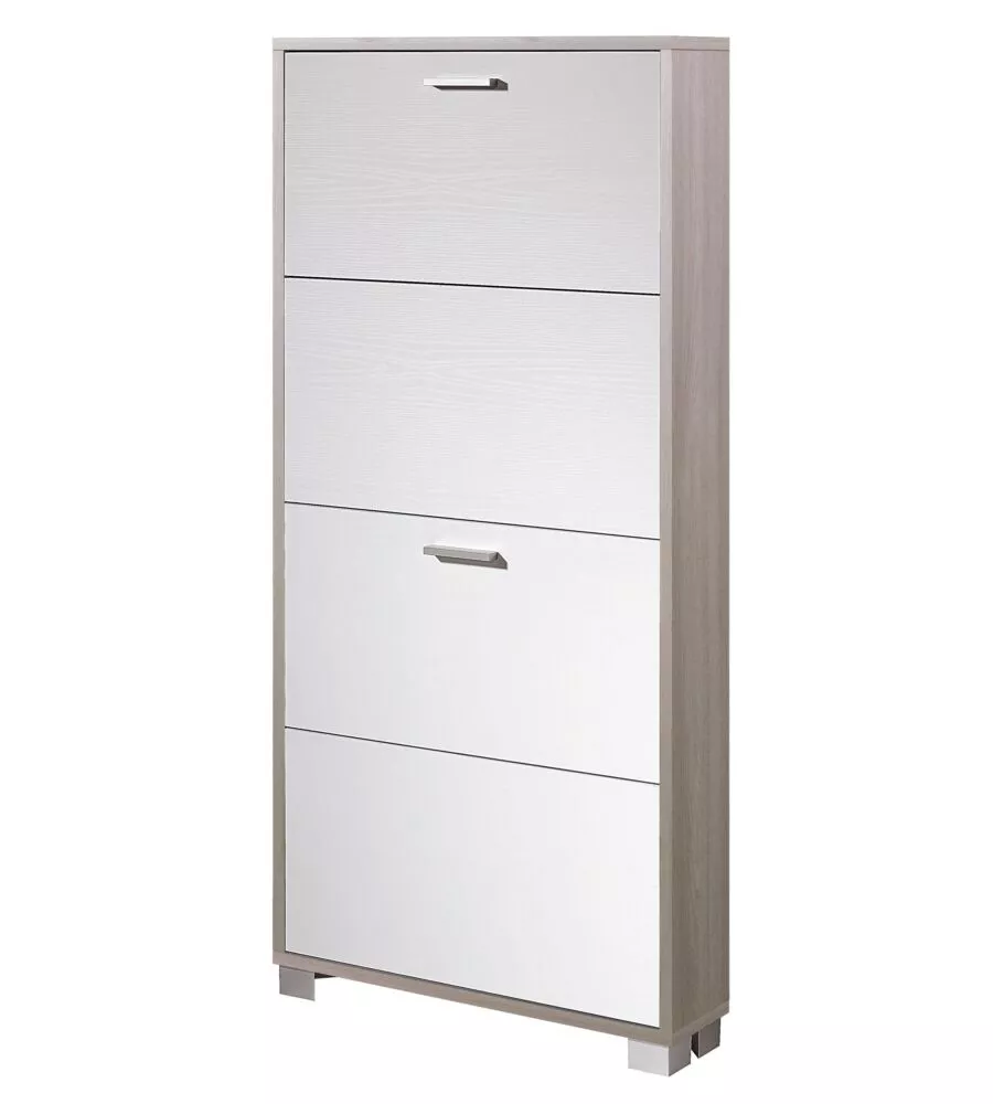 Scarpiera olmo e bianco fiammato con 4 ante, 70x154x18 cm