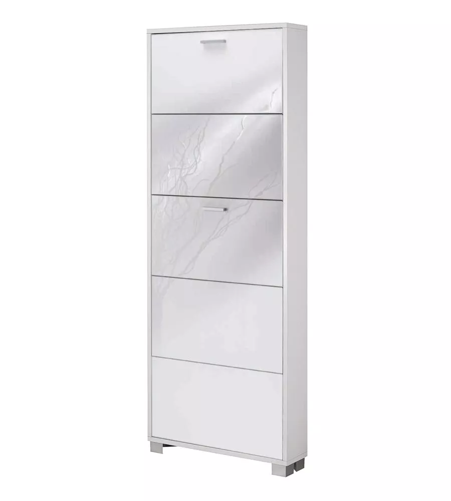Scarpiera bianco lucido e fiammato con 5 ante, 70x190x18 cm