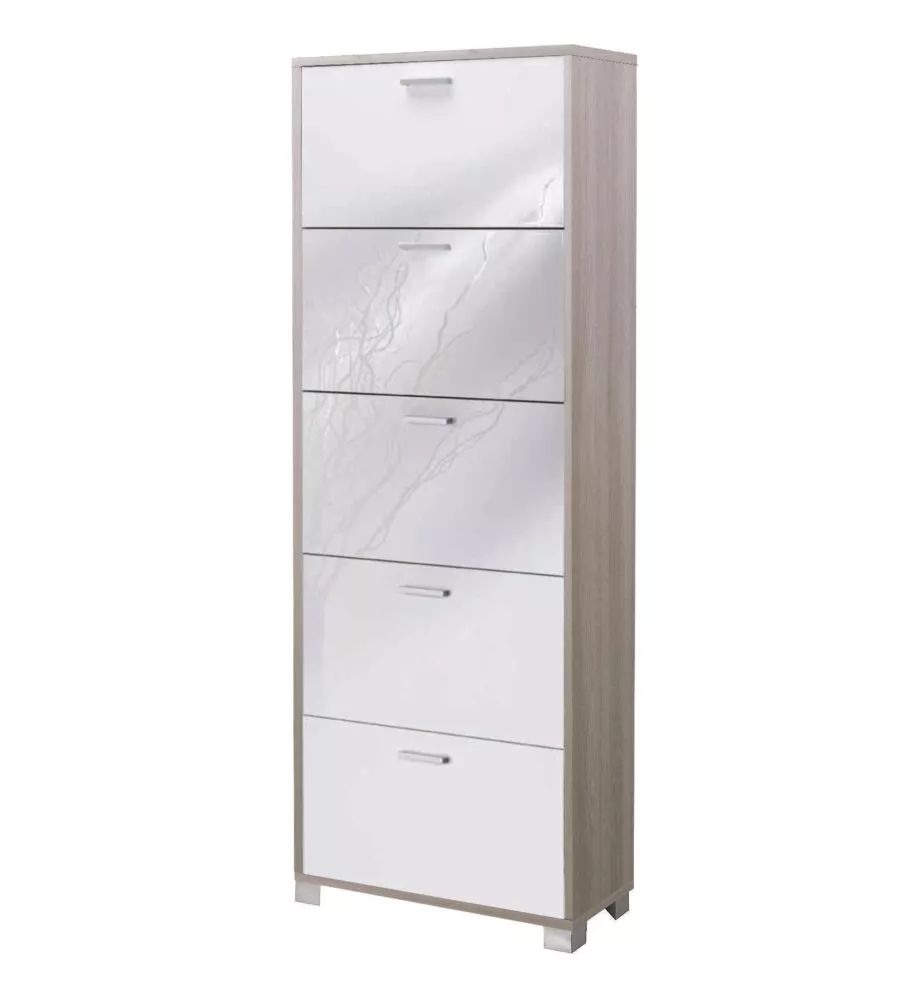 Scarpiera olmo e bianco lucido con 5 ante, 70x190x29 cm