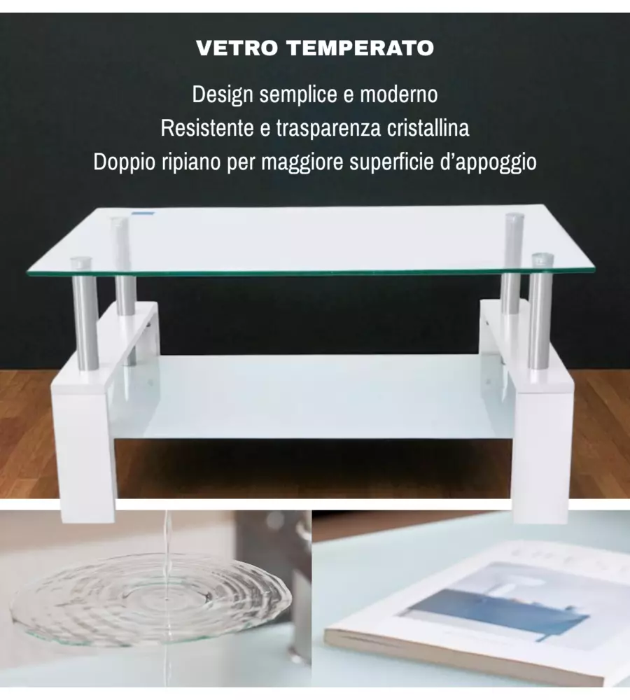Tavolino da soggiorno "alva" bianco con top in vetro temperato 100x60x45 cm