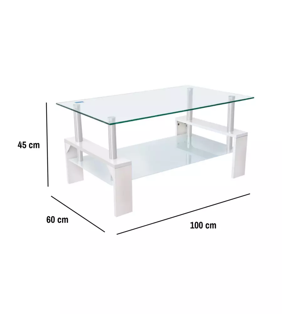 Tavolino da soggiorno 'alva' bianco con top in vetro temperato 100x60x45 cm