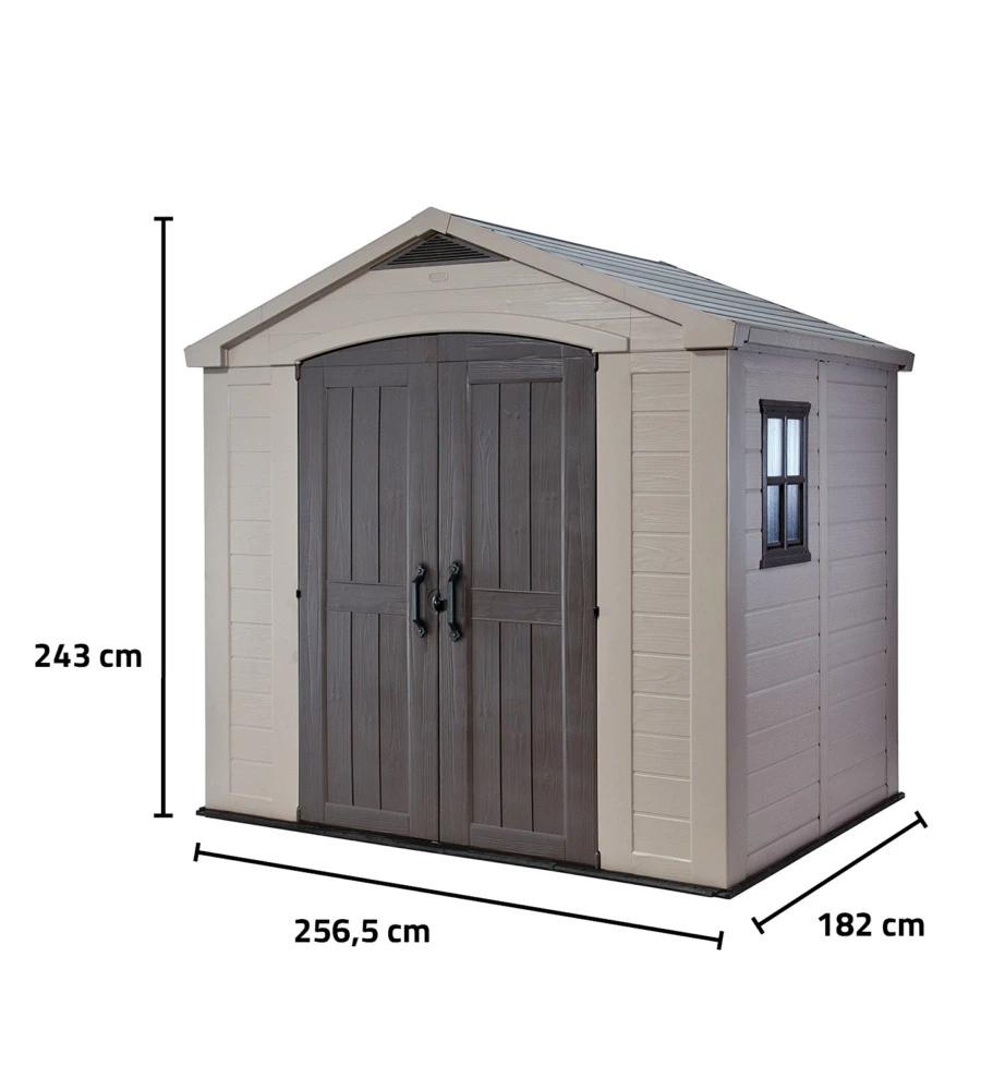 Casetta da giardino keter 'factor 8x6' in resina colore beige con porta battente doppia 256,5x182x243 cm