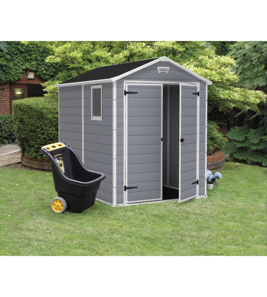 Casetta da giardino keter "manor 6x8" in resina colore grigio con porta battente doppia 185,8x236,8x227 cm