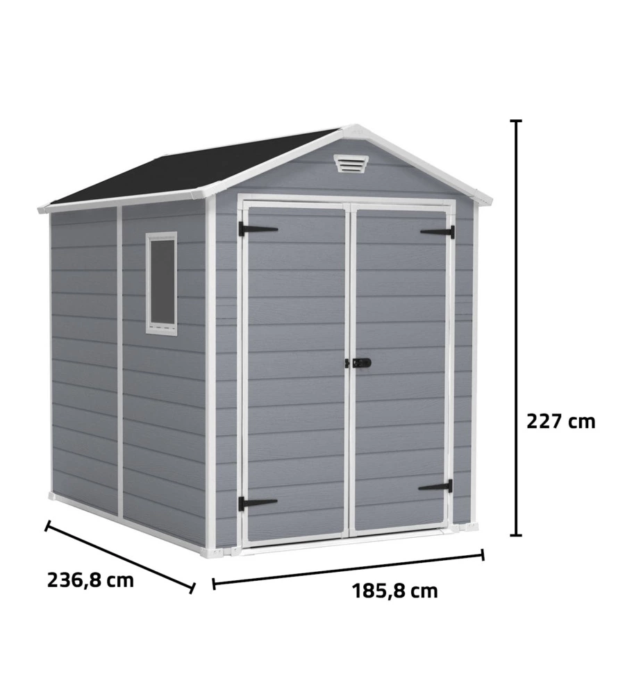 Casetta da giardino keter 'manor 6x8' in resina colore grigio con porta battente doppia 185,8x236,8x227 cm