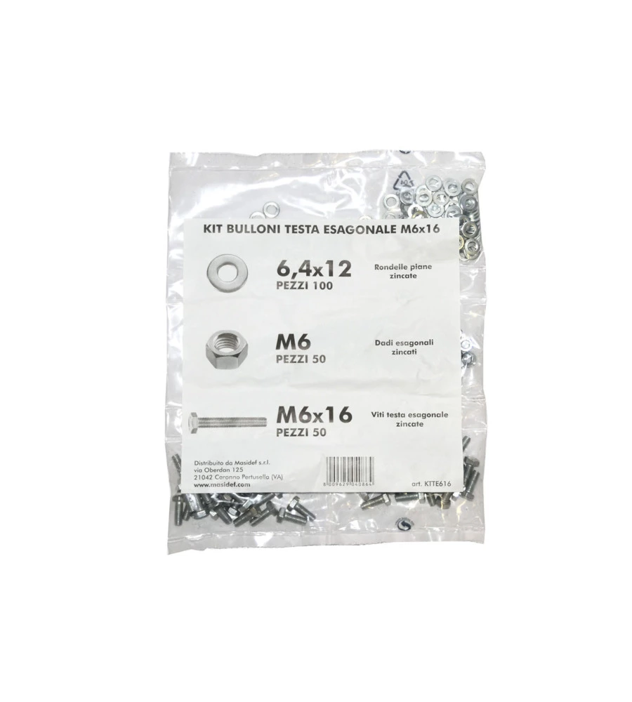 Kit viti testa esagonale m6 x 16 + dadi + rondelle - 200 pz.