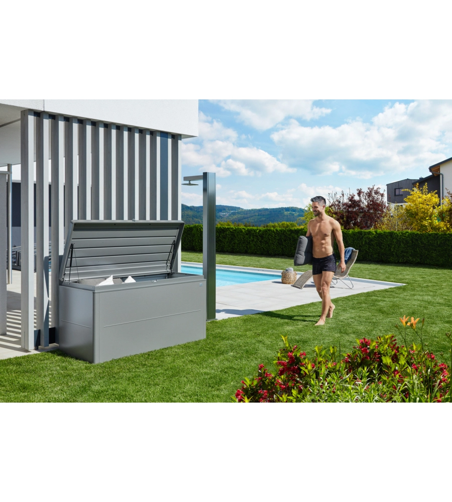 Baule da esterno impermeabile biohort "loungebox 160" in acciaio zincato grigio quarzo metallizzato 850 lt 160x70x83,5 cm - cod. 68065