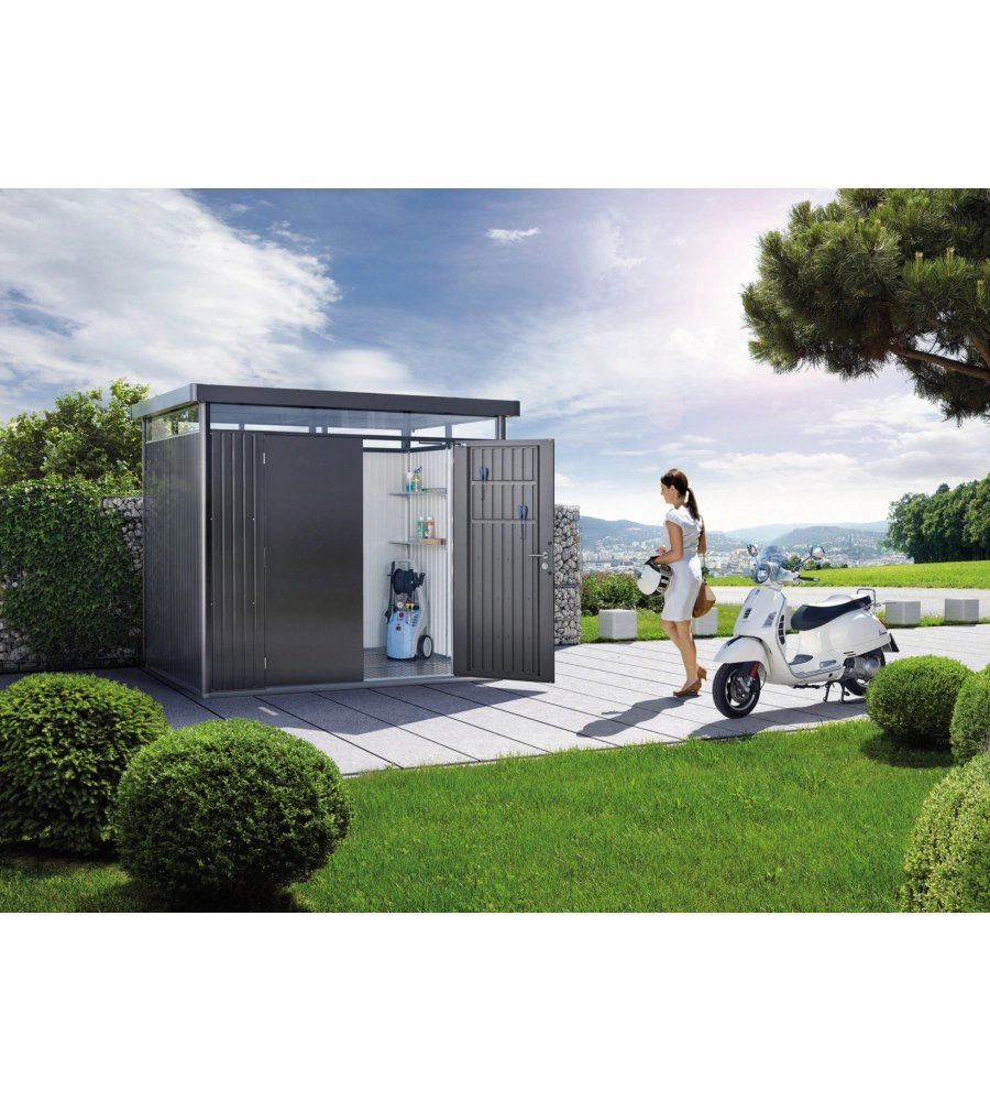 Casetta da giardino biohort "highline h2" in acciaio zincato colore grigio scuro metallizzato con porta battente semplice 275x195x222 cm - cod. 84030