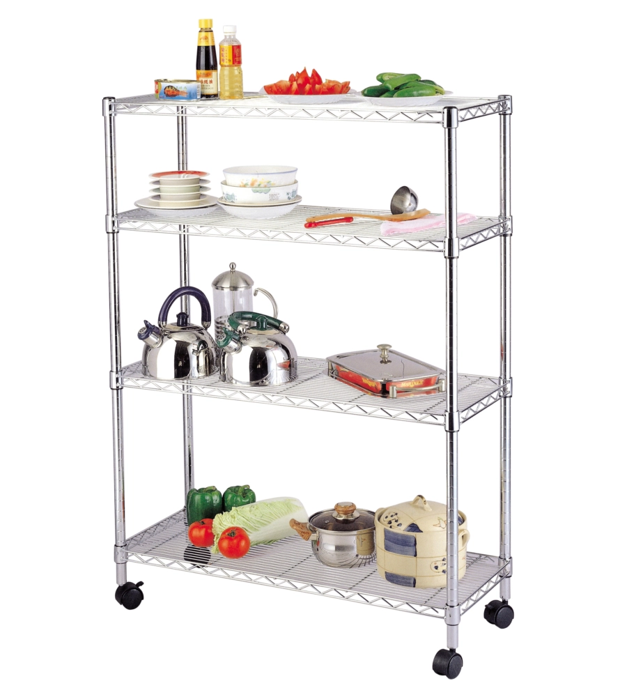 Scaffale in metallo cromato 4 ripiani con ruote, 89x34x142 cm
