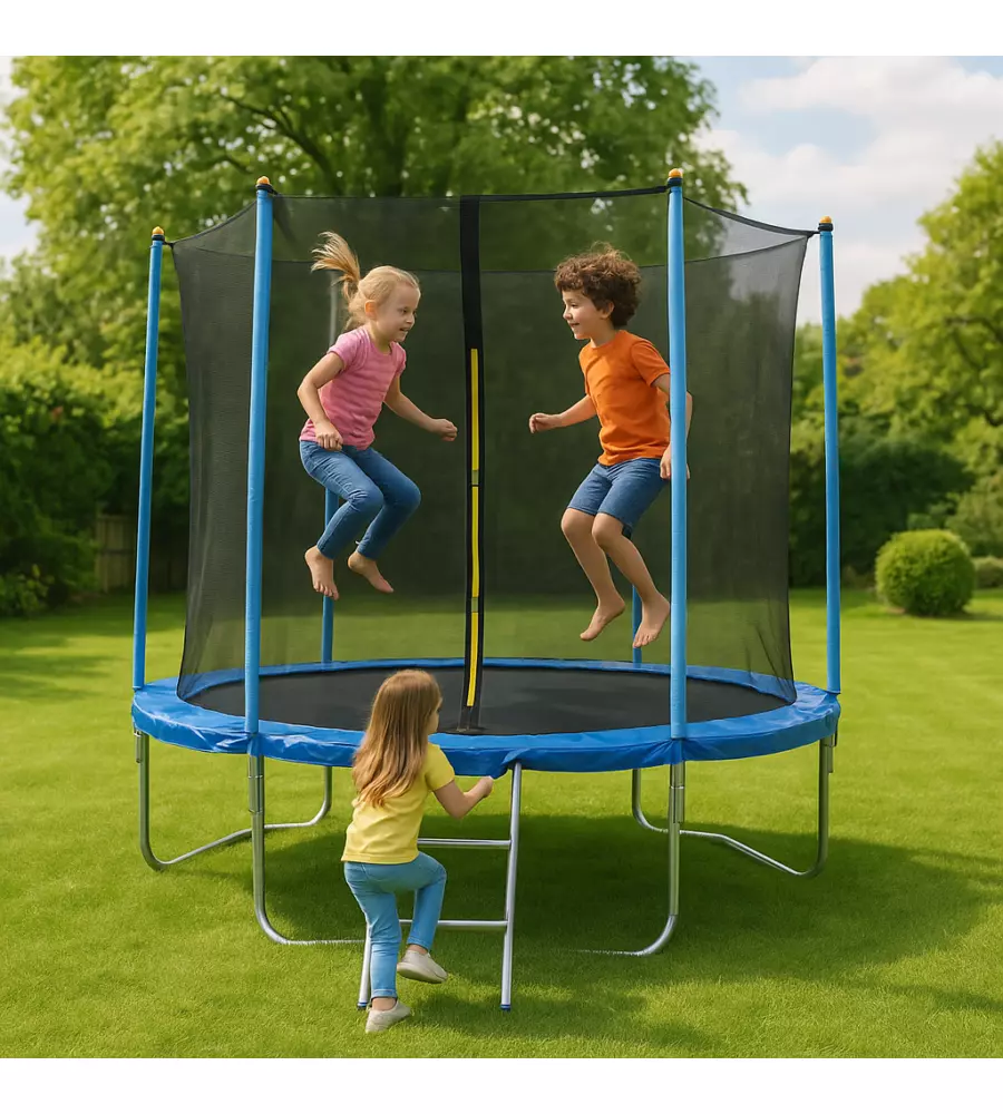 Tappeto elastico da giardino per bambini eurogarden in acciaio e pvc con rete e scaletta 244 cm