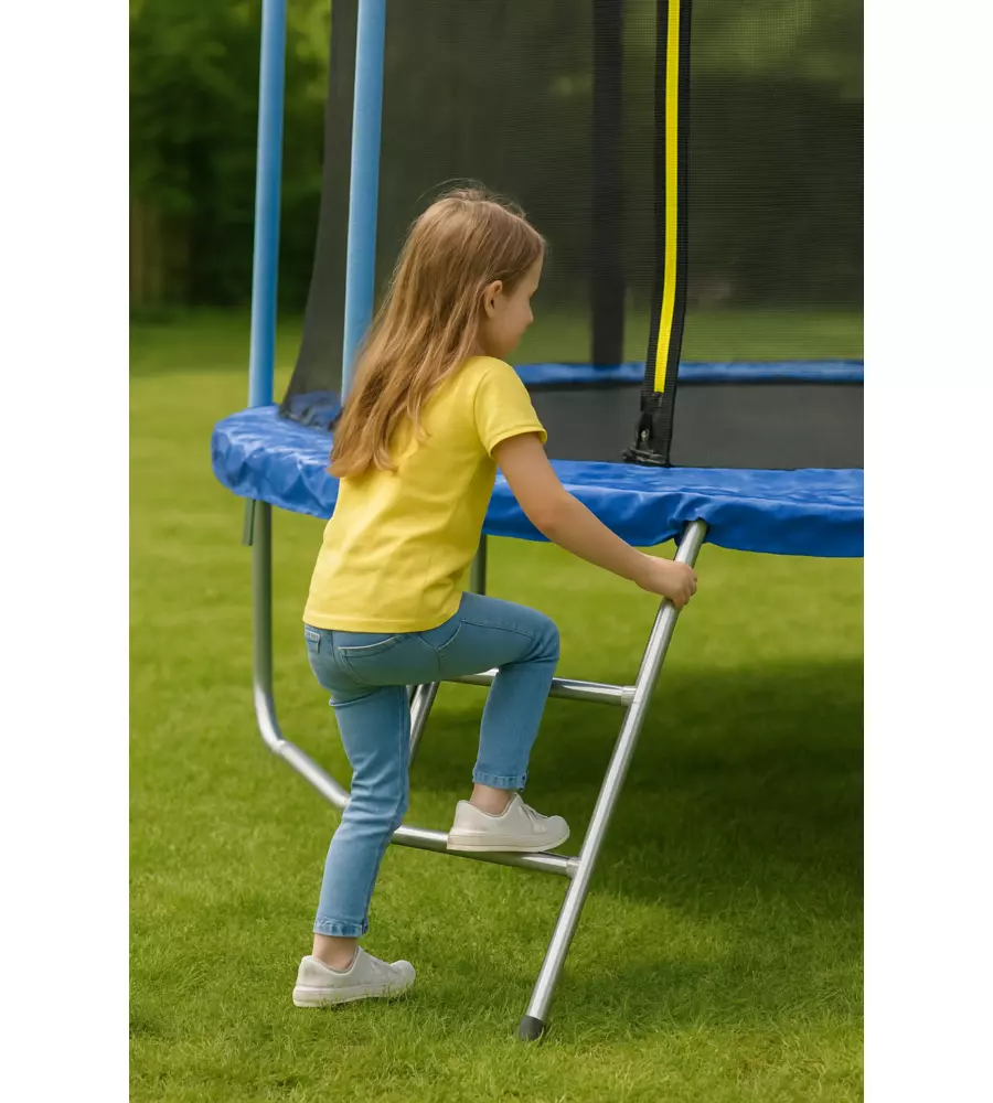 Tappeto elastico da giardino per bambini eurogarden in acciaio e pvc con rete e scaletta 244 cm