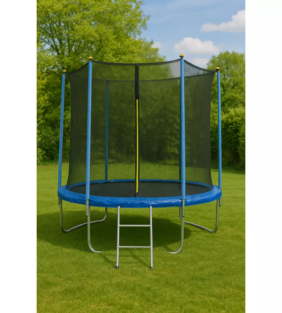Tappeto elastico da giardino per bambini eurogarden in acciaio e pvc con rete e scaletta 244 cm