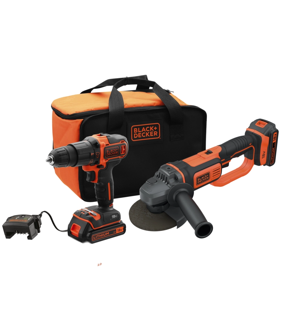 Kit trapano avvitatore e smerigliatrice black & decker con batterie al litio.