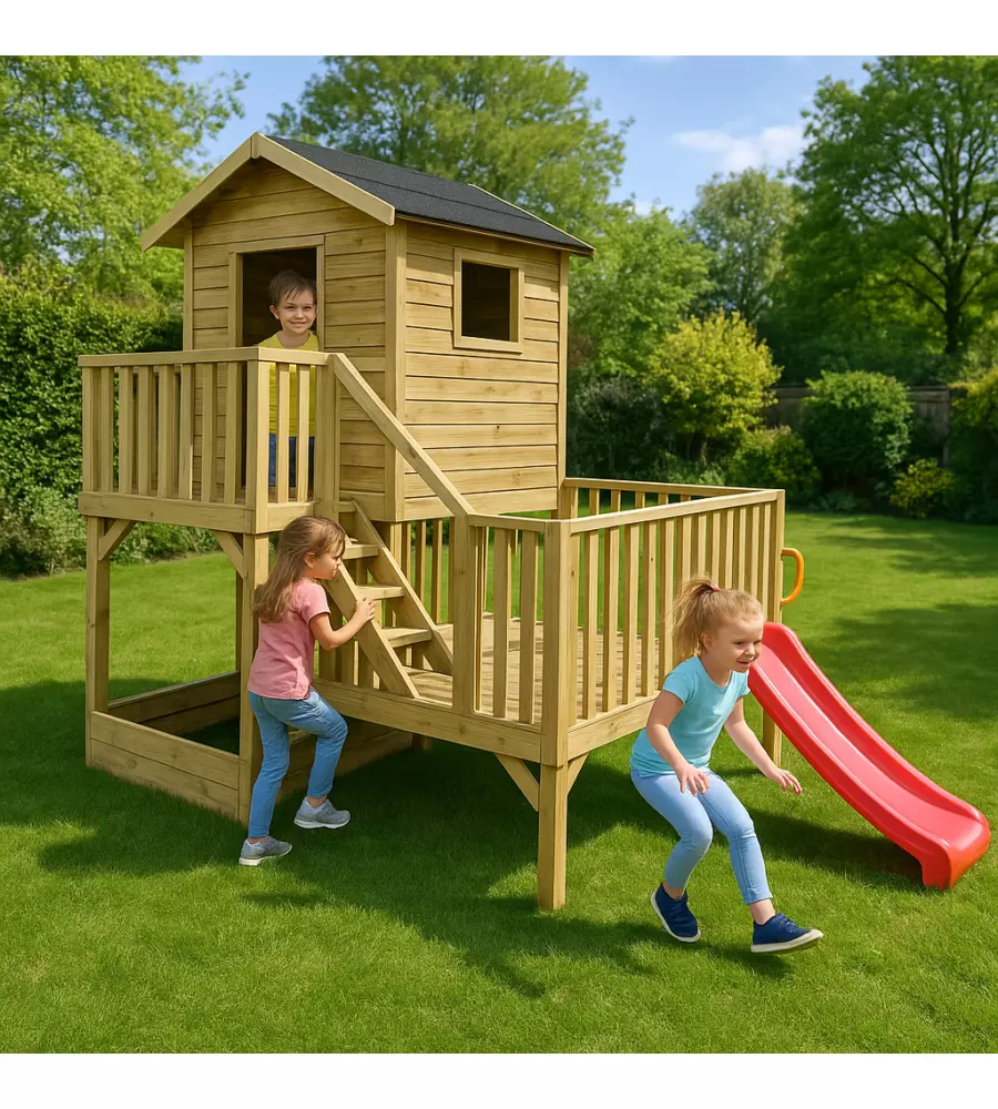 Casetta da giardino per bambini in legno domus "hubert" con scivolo e sabbiera 226,5x176x272 cm