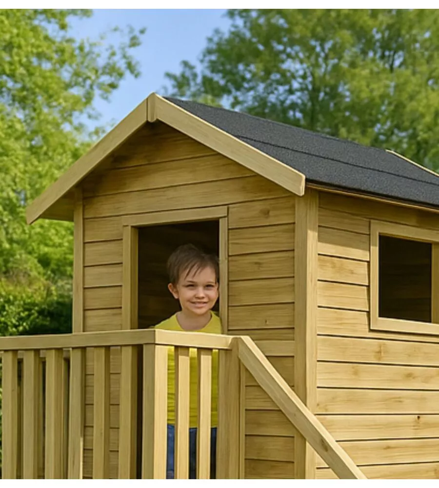 Casetta da giardino per bambini in legno domus "hubert" con scivolo e sabbiera 226,5x176x272 cm