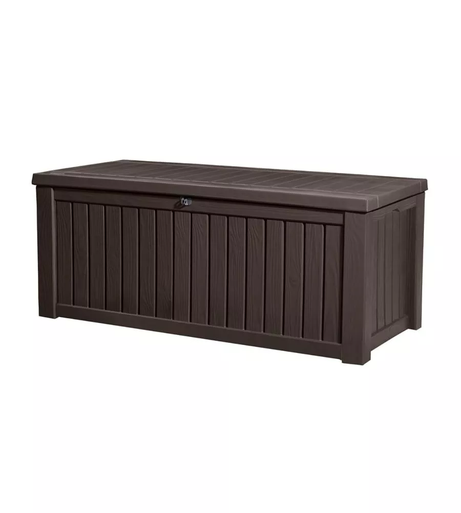 Baule da esterno keter "rockwood" in resina marrone effetto legno 570 lt 155x72,4x64,4 cm