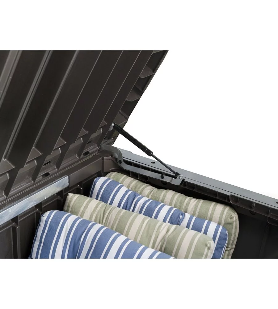Baule da esterno keter "rockwood" in resina marrone effetto legno 570 lt 155x72,4x64,4 cm