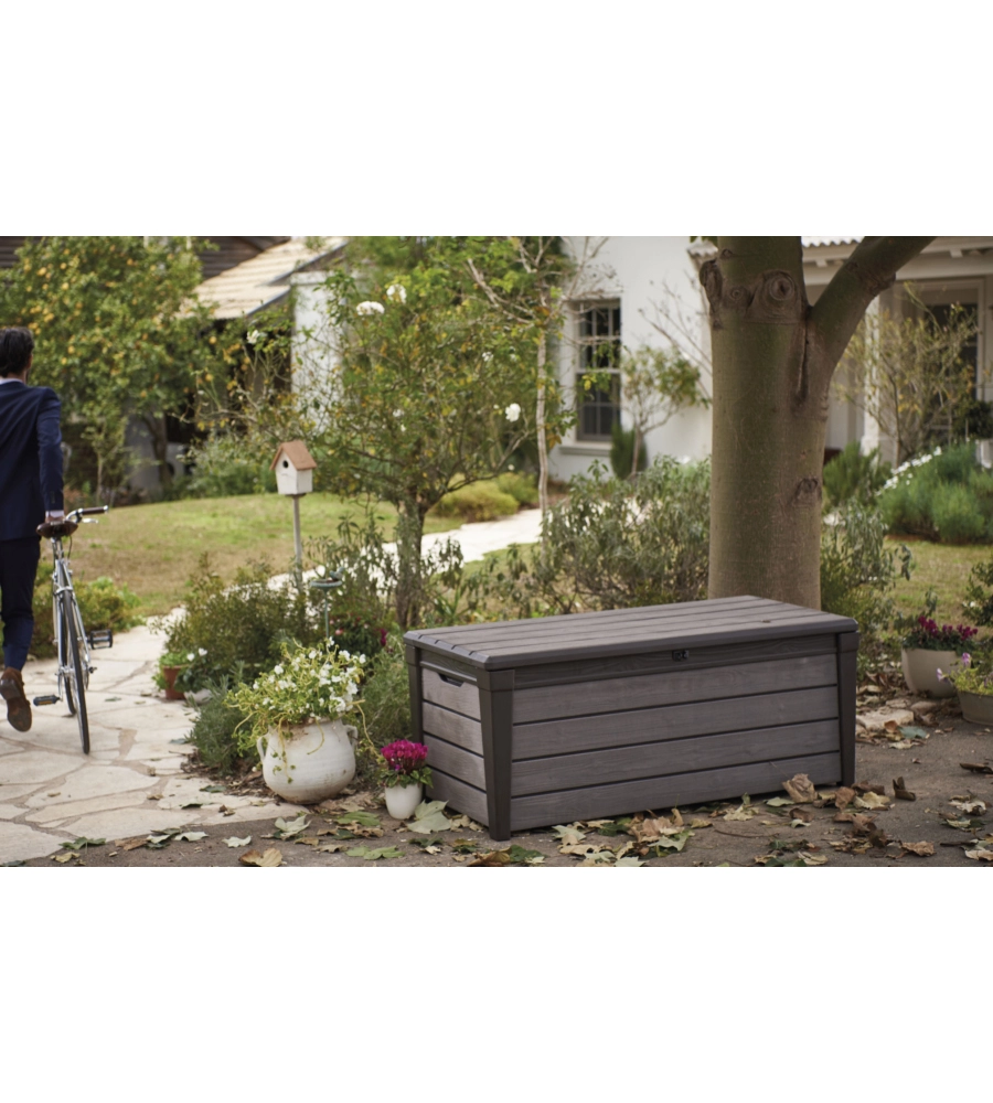 Baule da esterno keter "brushwood" in resina grafite effetto legno 454 lt 145x69,7x60,3 cm