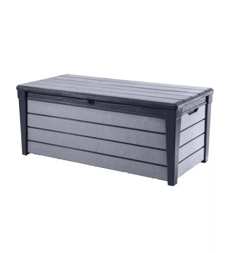 Baule da esterno keter "brushwood" in resina grafite effetto legno 454 lt 145x69,7x60,3 cm