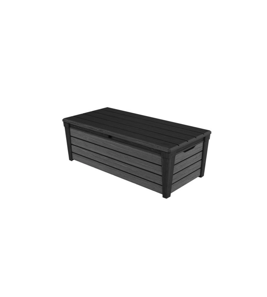 Baule da esterno keter "brushwood" in resina grafite effetto legno 454 lt 145x69,7x60,3 cm