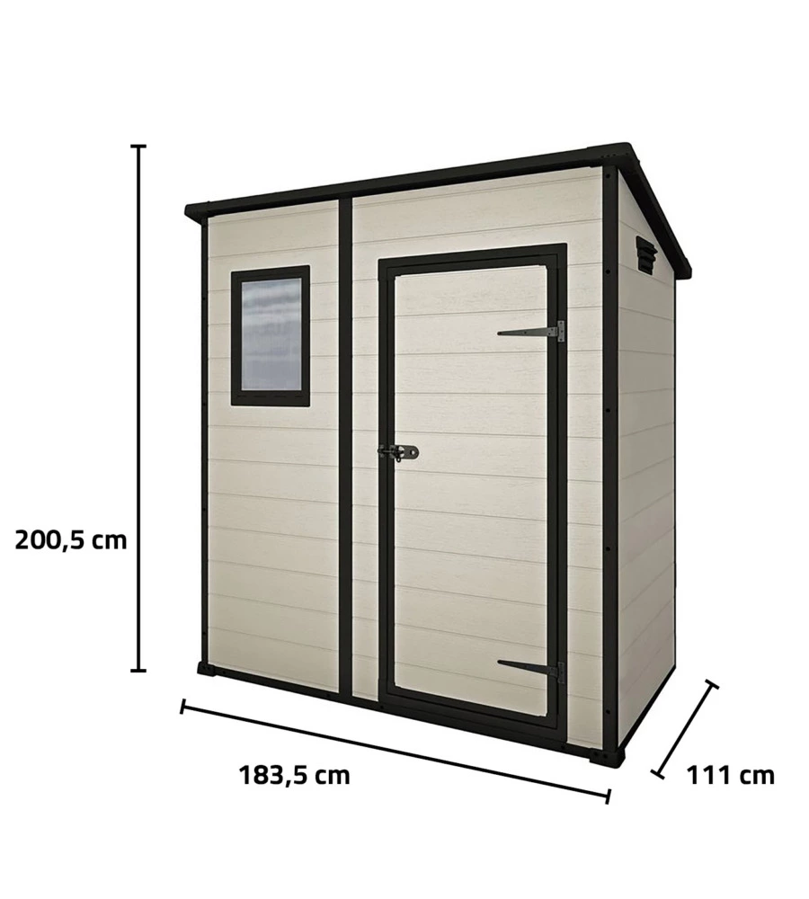 Casetta da giardino keter 'manor pent 6x4' in resina colore beige con porta battente singola 183,5x111x200,5 cm