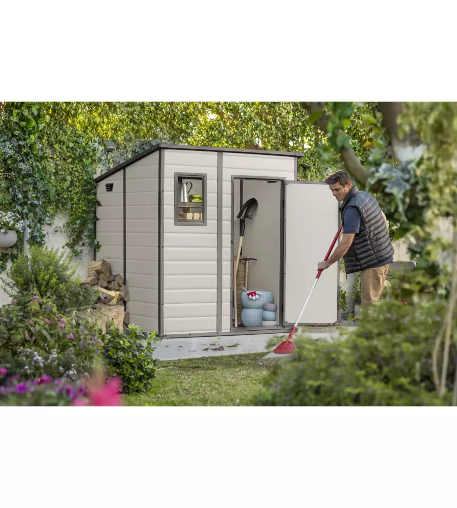 Casetta da giardino keter "manor pent 6x6" in resina colore beige con porta battente singola 183,5x185x200 cm