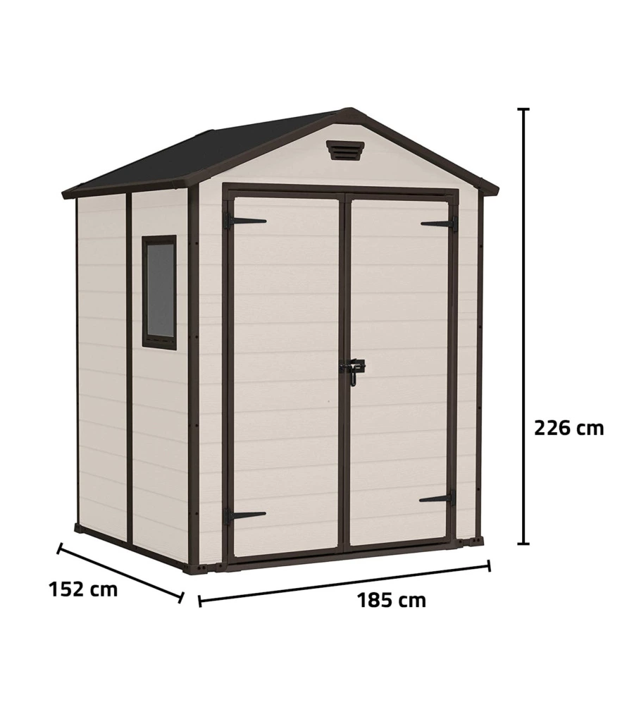 Casetta da giardino keter 'manor 6x5' in resina colore beige con porta battente doppia 185x152x226 cm