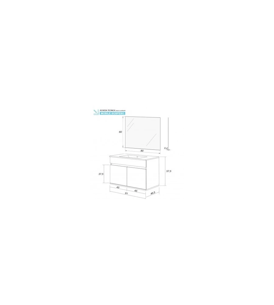 Mobile bagno sospeso 'fabula' con 2 ante bianco laccato, 90x47x57 cm