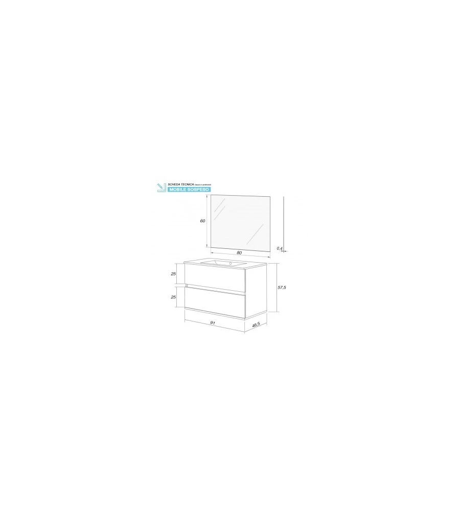 Mobile bagno sospeso 'fabula' con 2 cassetti bianco laccato, 90x47x57 cm