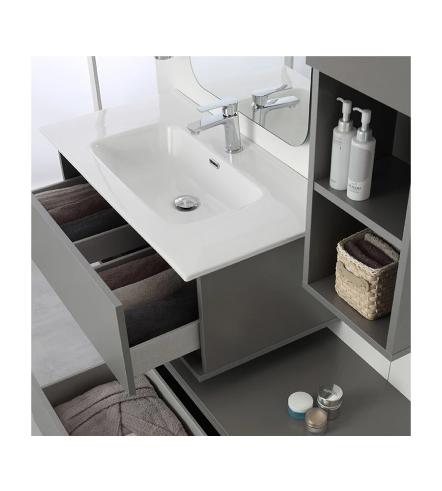 Mobile bagno sospeso "pastello" grigio con cassetti, 90x47x35 cm
