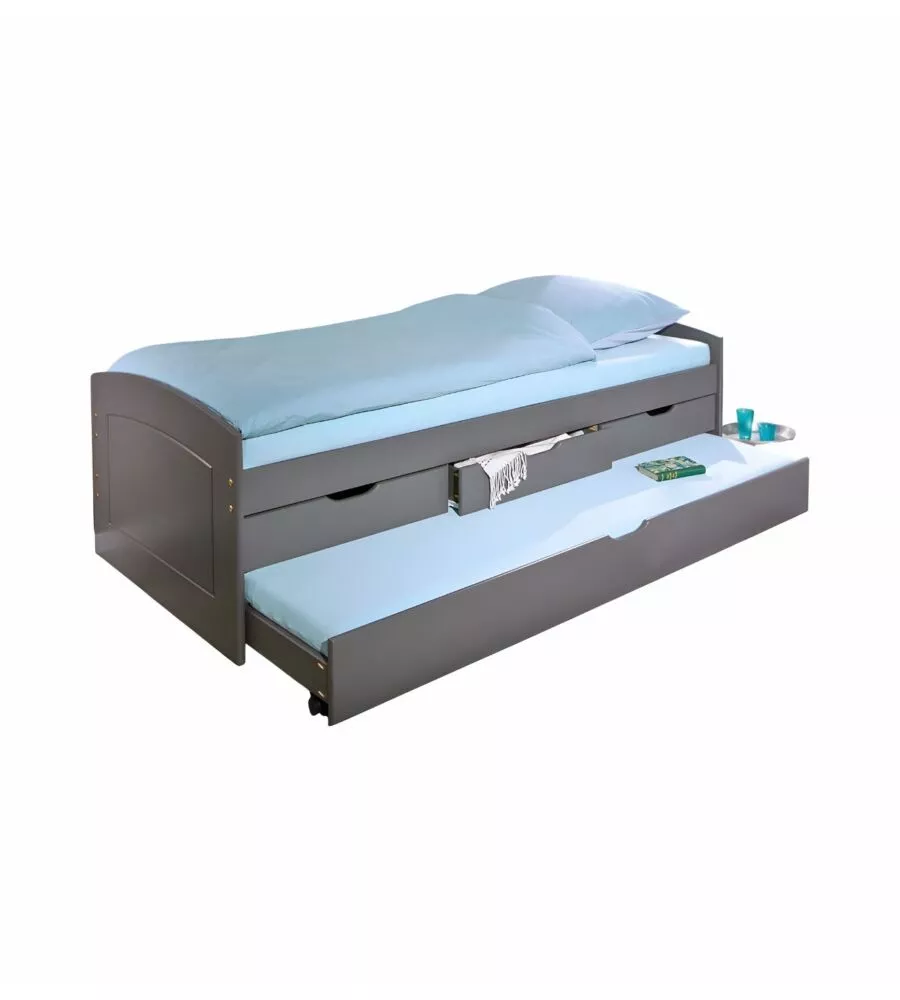 Letto singolo con 3 cassetti e letto estraibile in pino grigio, 90x200 cm