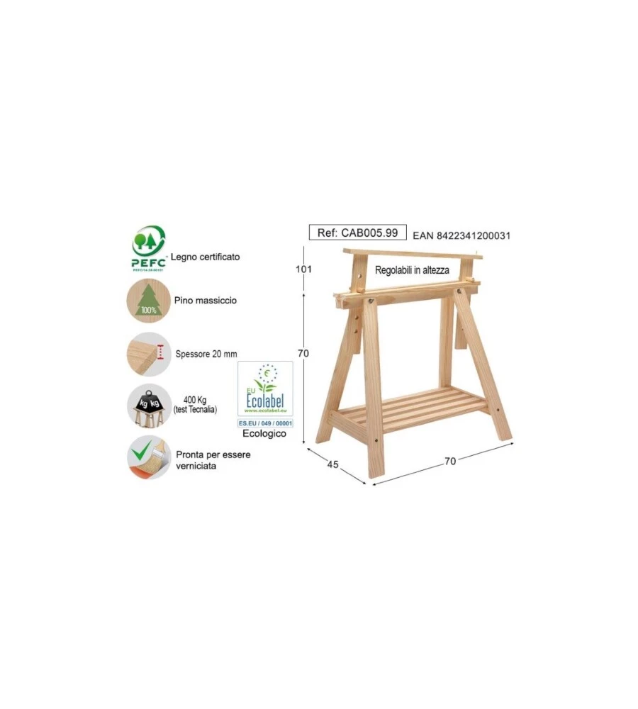 Cavalletto decorativo regolabile in legno di pino 70x70x45 cm