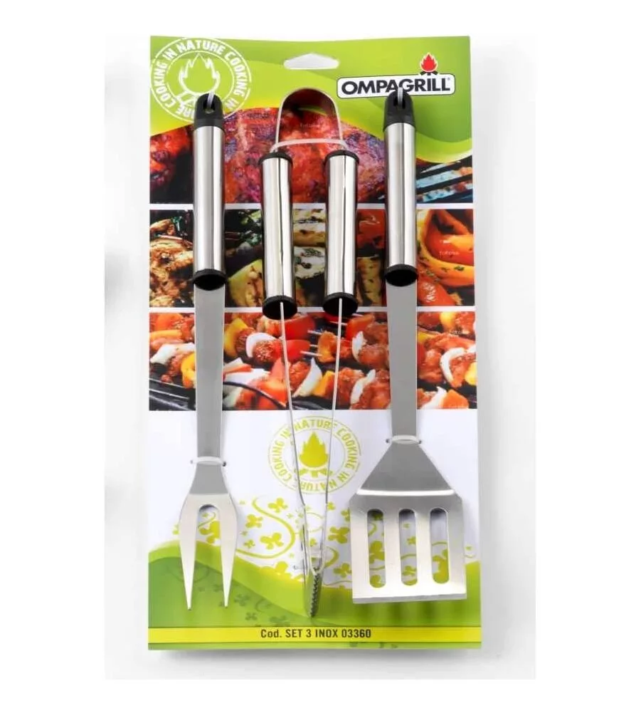 Set 3 utensili per barbecue ompagrill in acciaio 36 cm