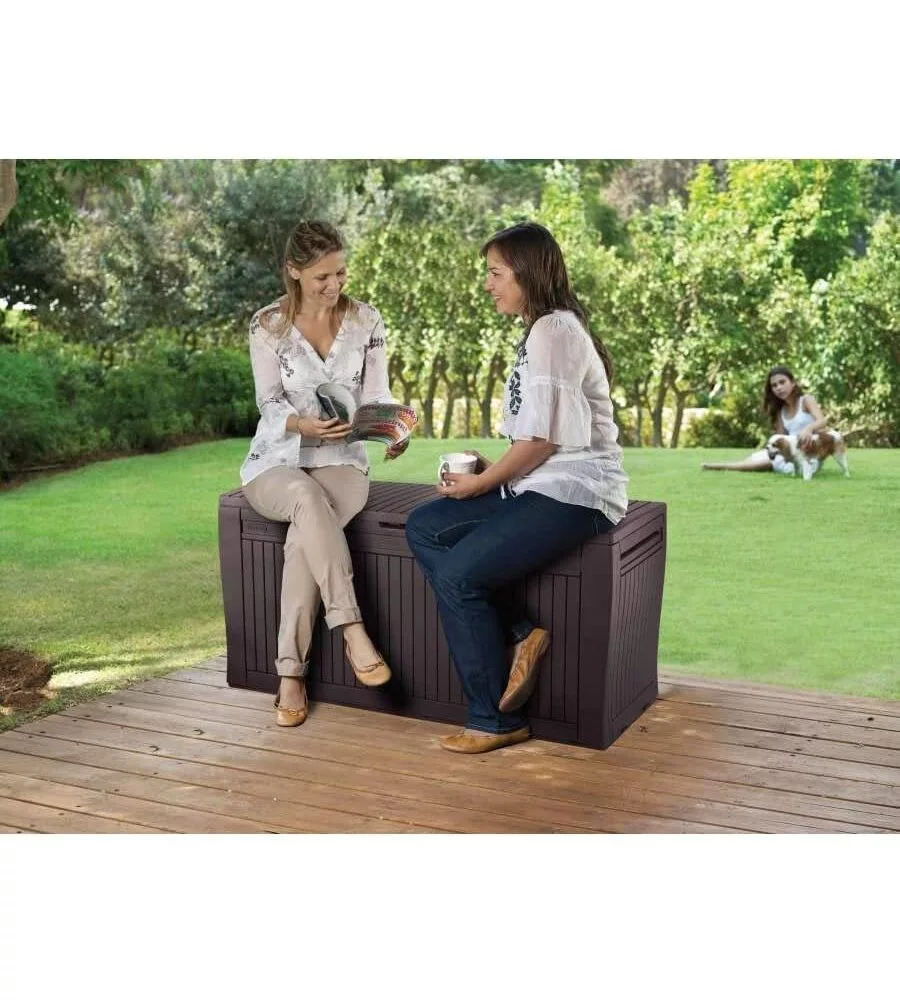 Baule da esterno keter "comfy" in resina grafite effetto legno 270 lt 116,7x44,7x57 cm