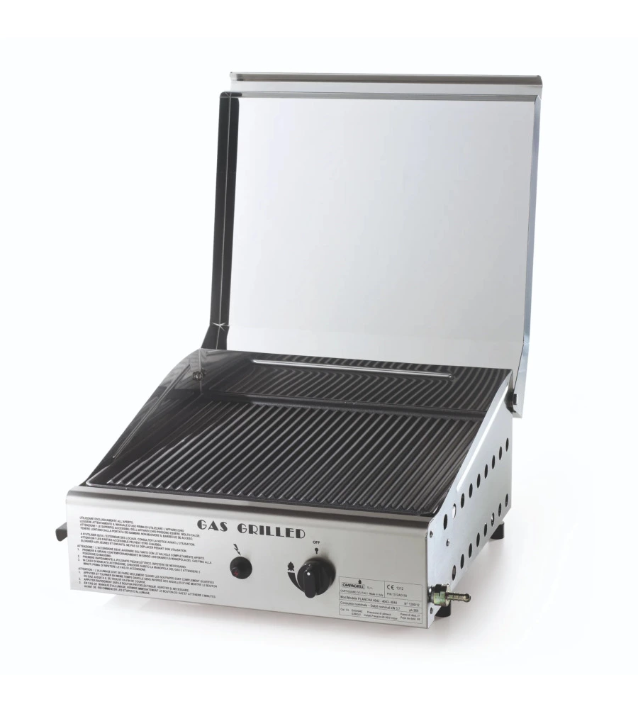 Barbecue a gas ompagrill con plancha singola rigata e coperchio 1 bruciatore 44x44x24 cm