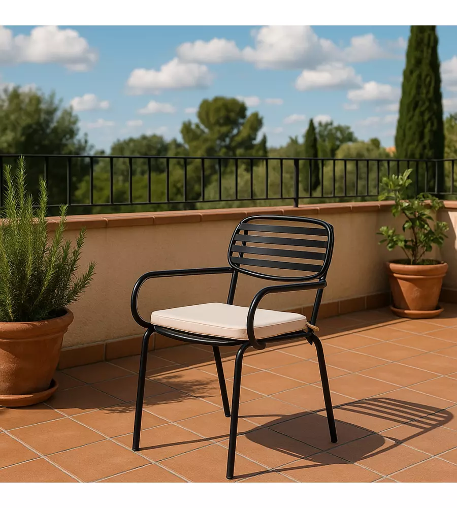 Sedia da esterno eurogarden con braccioli "trieste" in metallo con cuscino beige 55x45x86 cm